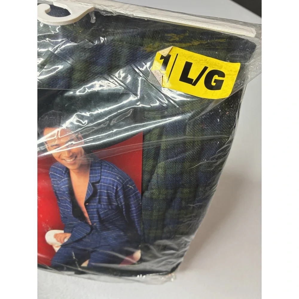 Vtg Hanes Flannel Pajama Set Men's Size Large Green Blue Plaid